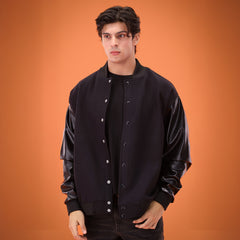 Faux Leather Sleeves Oversized Classic Varsity Jacket