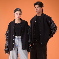 Faux Leather Sleeves Oversized Classic Varsity Jacket