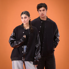Faux Leather Sleeves Oversized Classic Varsity Jacket