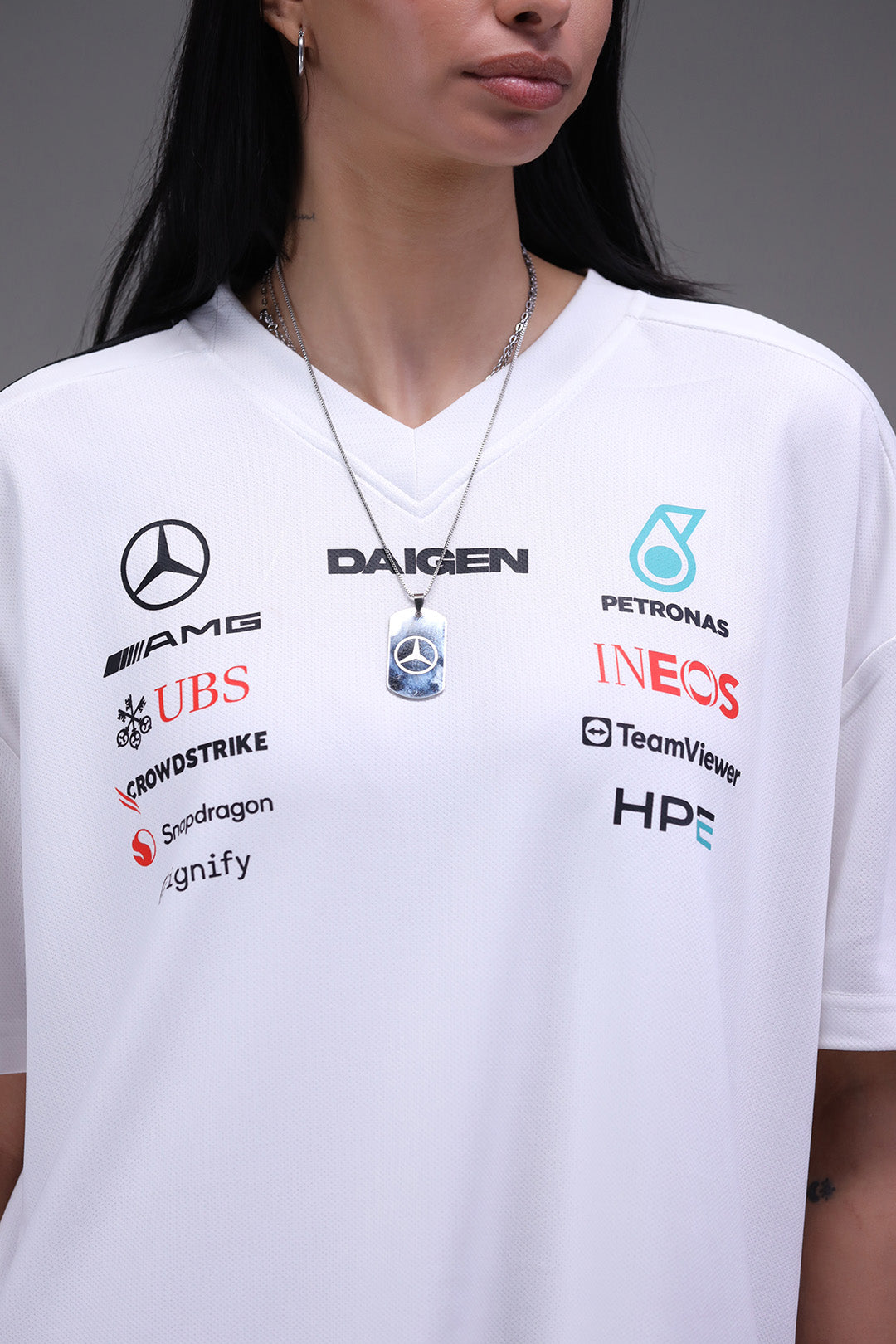 Mercedes F1 white jersey side view male model
