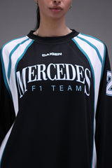 Mercedes jersey stitching and petronas green pannel detail close up