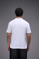 Person wearing a plain white t-shirt back